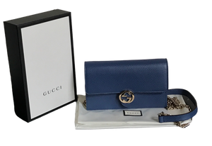 AUTHENTIC Gucci Dollar Chain Wallet Blue Interlocking GG PREOWNED (WBA1142)