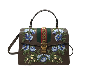 AUTHENTIC Gucci Medium Embroidered Sylvie Acero Top Handle Bag PREOWNED (WBA1083)