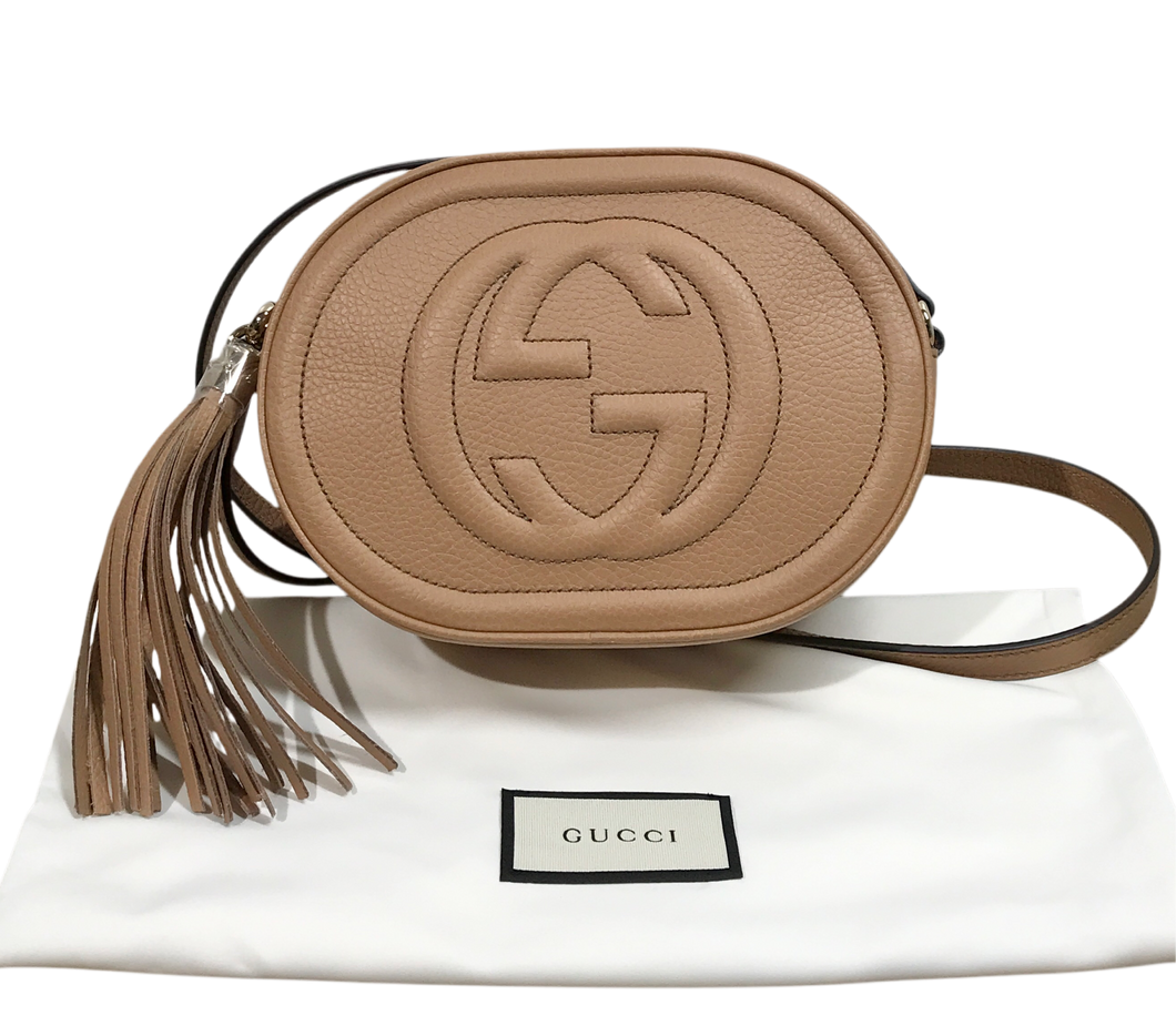 AUTHENTIC Gucci Oval Soho Disco Beige Pebbled Calfskin Crossbody NEW (WBA1325