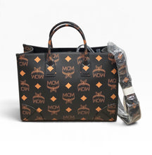 Load image into Gallery viewer, AUTHENTIC MCM Visetos Maxi Large Munchen Tote Black Cognac NEW (WBA1322)