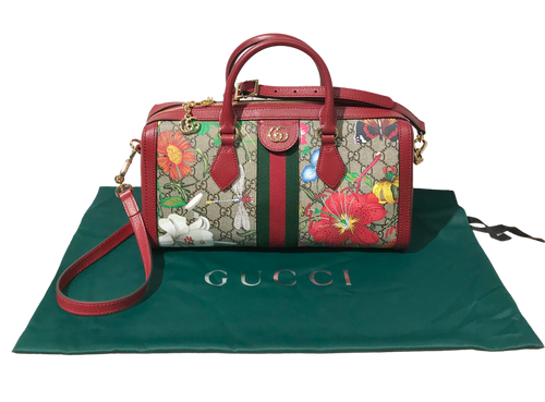 AUTHENTIC Gucci GG Supreme Monogram Flora Web Medium Ophidia Boston Red PREOWNED (WBA845)