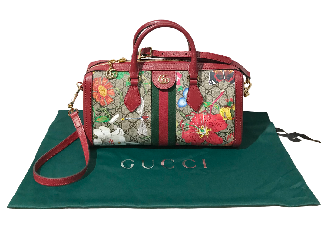 AUTHENTIC Gucci GG Supreme Monogram Flora Web Medium Ophidia Boston Red PREOWNED (WBA845)