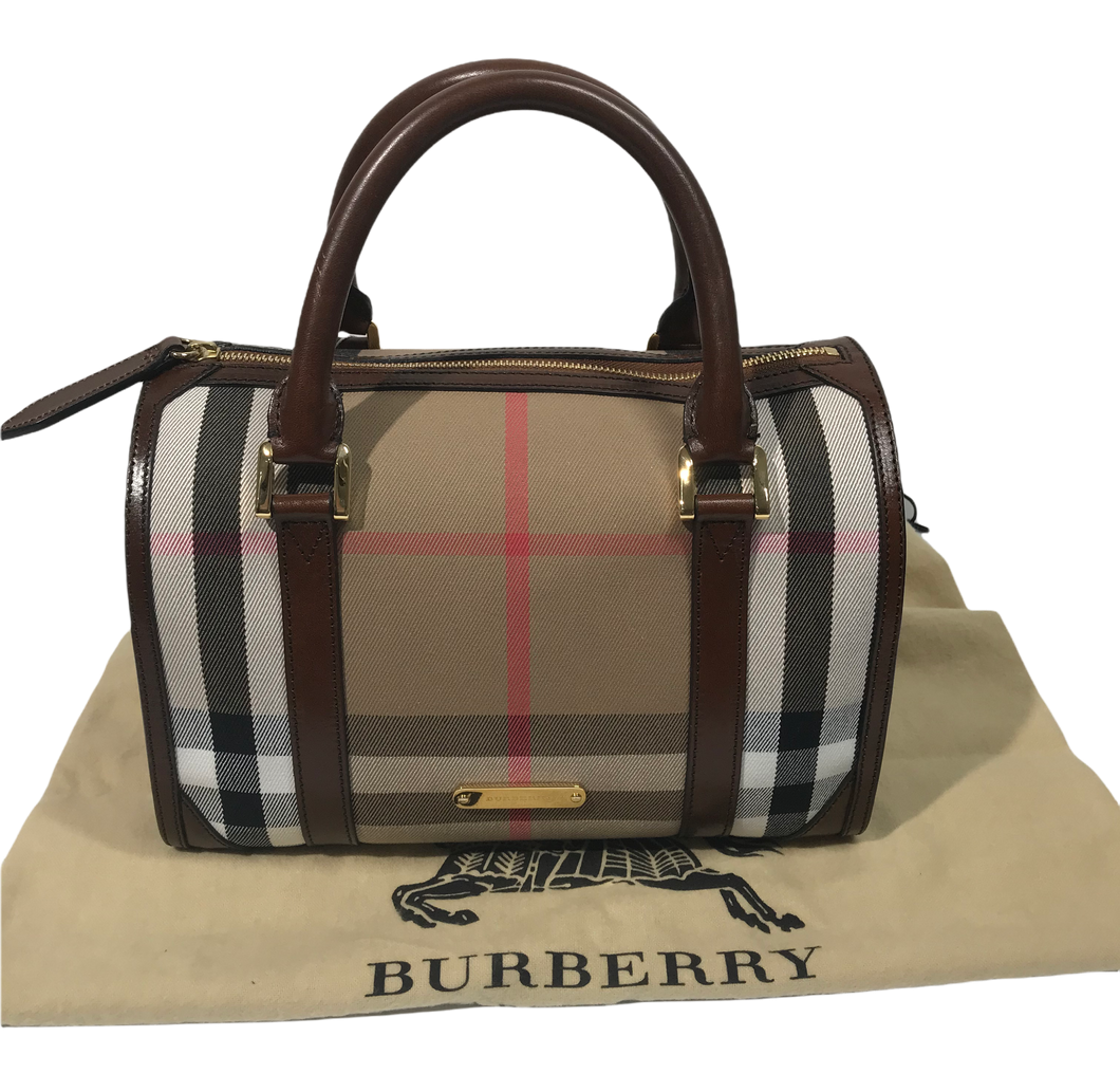 AUTHENTIC BURBERRY House Check Bridle Bowling Dark Tan PREOWNED (WBA459)