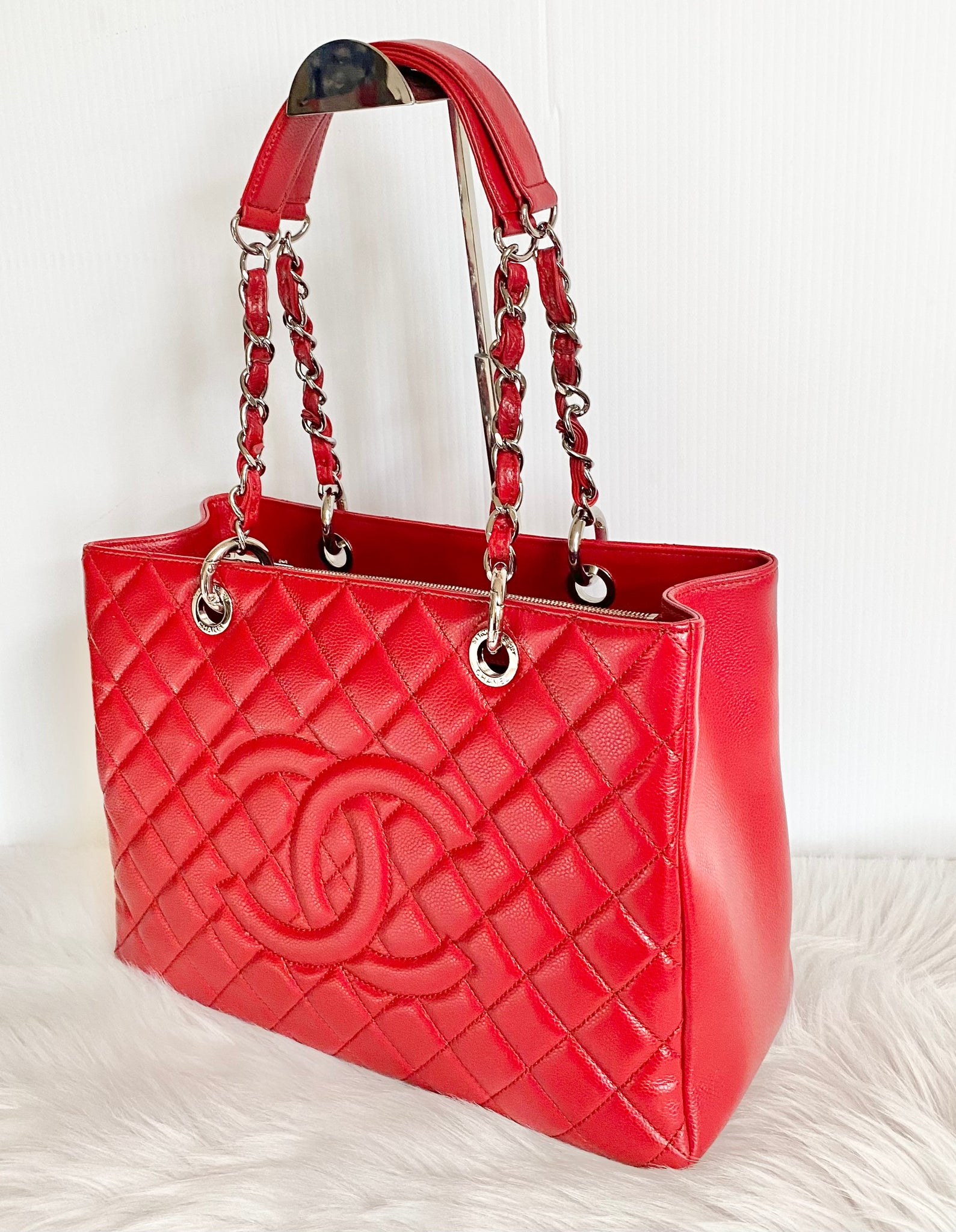 chanel red handbag leather