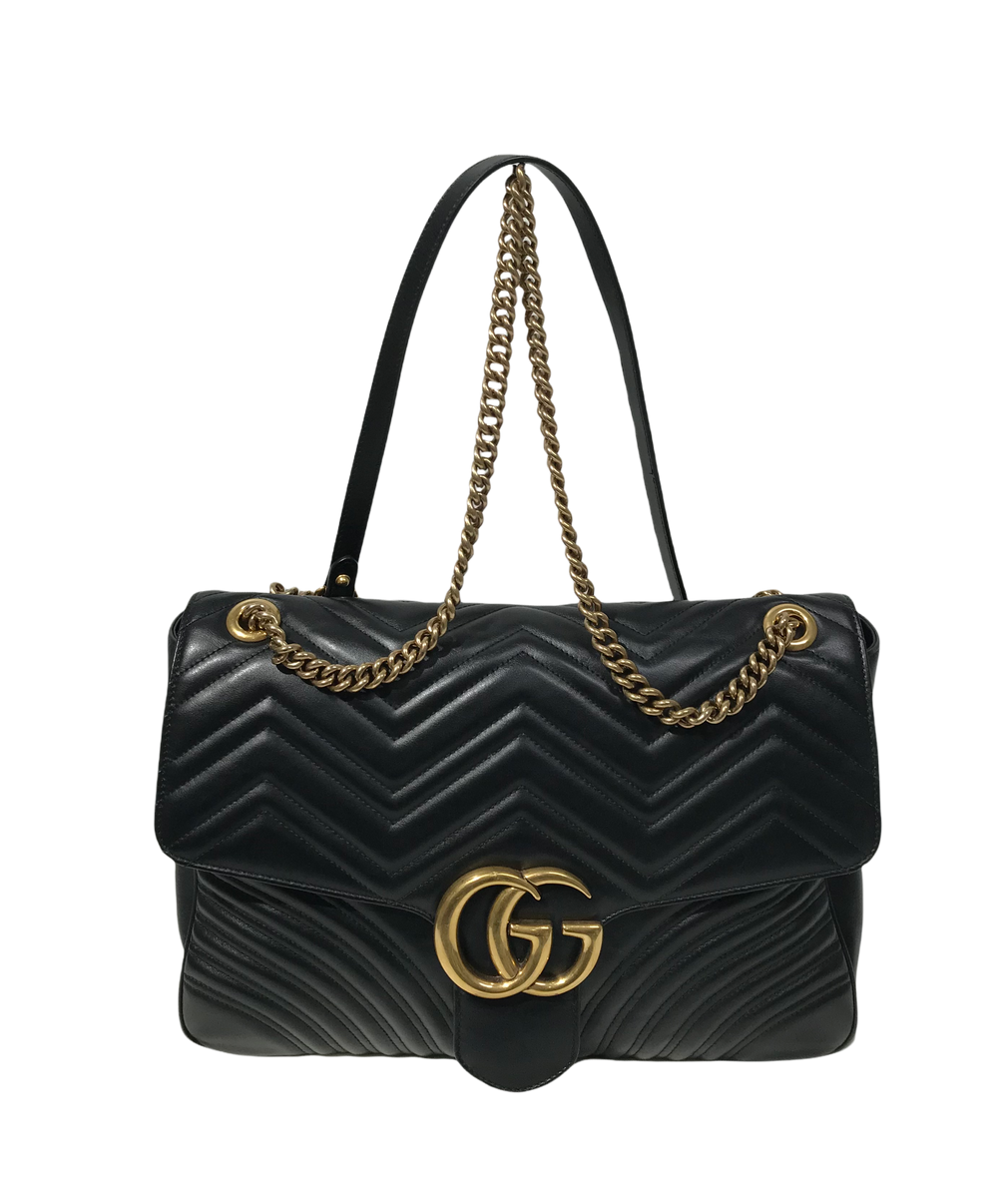 AUTHENTIC Gucci Black Calfskin Matelasse Large GG Marmont Shoulder Bag ...