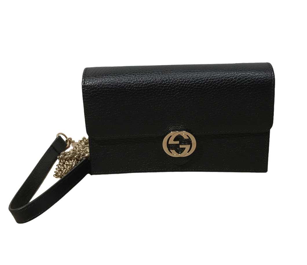 Gucci Interlocking GG Crossbody Wallet On Chain, Black Leather