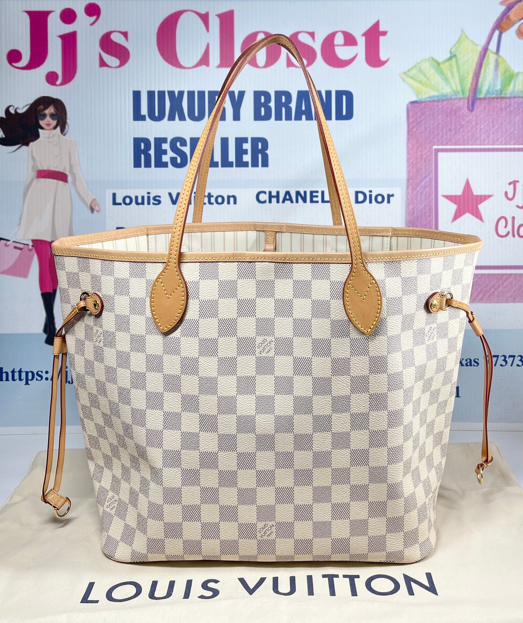 Pre-Owned Louis Vuitton Neverfull Damier Azur MM Tote Bag - Very